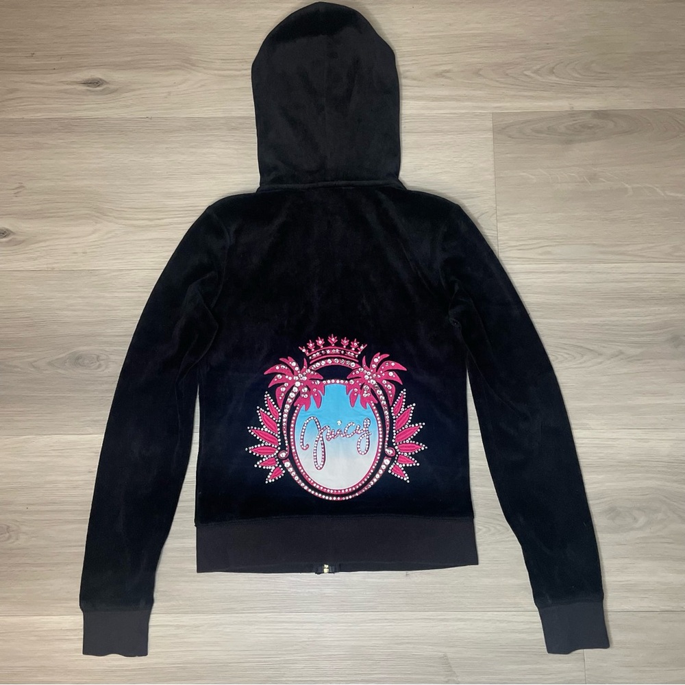 Juicy Couture Black Velour Hoodie  Rhinestone Crown & Palm Trees Gold Zipper XS